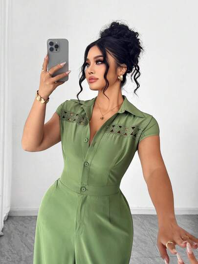 Elenzga 大码女式春夏绿色花卉拼接裤脚优雅连体裤，军绿色和豌豆绿，舒适柔软面料短袖衬衫，优雅度假连体裤，适合毕业典礼、节日、情人节、音乐节、母亲节、万圣节、感恩节、复活节、国庆节、舞会、约会、派对、婚礼、郊游等场合。