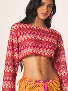 MISSGUIDED Women's Zig Zag Pattern Long Sleeve Crop Knit Top With Wide Bell Cuffs Casual Fall Fashion Pullover - Multicolor - View 5