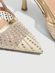 CUCCOO SZL Women's Pointed Toe High Heel Black Mesh Rhinestone Embellished Fashionable Sexy Glamorous Party Occasion Stilettos With Ankle Strap Spring Shoes - Golden iron plate - View 5
