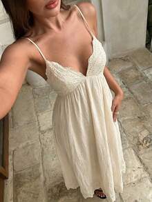 Aloruh 优雅度假波西米亚风吊带连衣裙，深V领，露背设计，女士夏季服装，夏季沙滩装，女士海滩度假装，波西米亚热带度假装，婚礼宾客礼服，新娘送礼会礼服，白色优雅高贵飘逸早午餐连衣裙，女士度假装，女士沙滩裙，女士夏季连衣裙 - 米色 - 查看 11