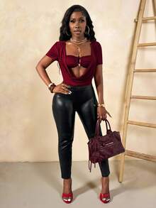 Glyssa Women's Summer Beach Vacation, Burgundy Knit Plunging Neck Short Sleeve Bodysuit, Metal Buckle Decor Burgundy Bodysuit Sexy - Burgundy - View 4