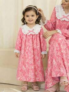 LMoss Kids 女婴春夏休闲蕾丝边碎花长袖连衣裙，粉色 - 彩色 - 查看 4