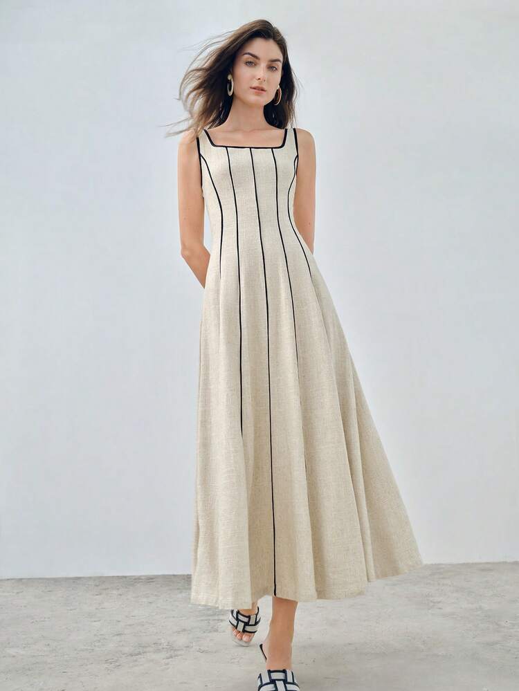 SHEIN x PRISCILA & JIMENA CONTRAST PIPING SQUARE NECK FLARE HEM DRESS