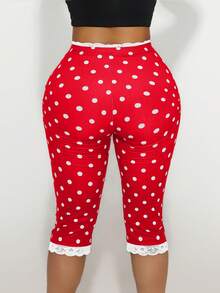 Sirith Women's Lace Trim Bow Decor Polka Dot Skinny Pants - Red - View 2