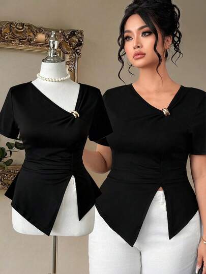 Elenzga Blusas de manga corta con cuello asimétrico para mujer de talla grande, para salir, vacaciones, playa, conjuntos de verano elegantes y bohemios