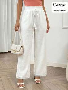 Miaspire Quần ống rộng dáng suông thoải mái màu trơn có bèo nhún, dây rút ở eo dành cho nữ, có túi. - trắng - Xem 6