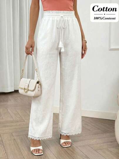 Miaspire Women's Solid Color Frill Trim Drawstring Waist Pockets Wide Leg Loose Casual Pants