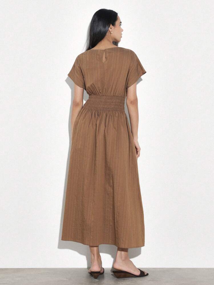 KSTM Shirred Waist Long Dress With Short Sleeves And Boat Neckline Casual Maxi Dress With Smocked Elastic Waistband And Side Pockets