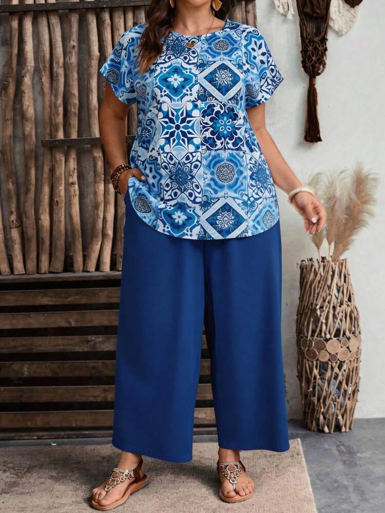 Plus Size Women Floral Print Short Sleeve Top And Wide Leg Pants 2 Piece Set, Casual Outfit Summer Outfits Beach Outfit For Women Summer Holiday Outfits Casual Outfit For Women Summer Outfit For Women Beach Vacation Outfits Boho Pants For Women Blouse And Pants Set Blue 2 Piece Set Women Mediterranean Style Clothes Summer Outfits  Beach Vacation Outfits For Women BOHO Clothes Women Vacation Outfit Sets Santorini Outfit For Women Women 2 Piece Outfit Casual