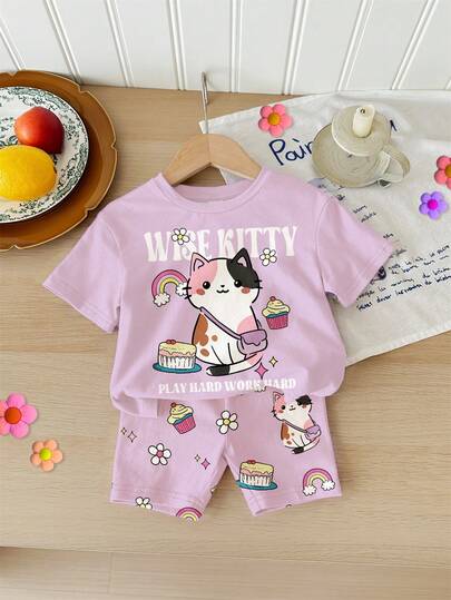 SHEIN 2pcs Young Girl Casual Minimalist Lavender Purple T-Shirt With Cute Cat, Cake, Rainbow, Floral Print And Fitted Bike Shorts Set, Suitable For Spring/Summer Daily Wear, Street Style, Home, Holiday, Homecoming, Vacay Vibes, Chill