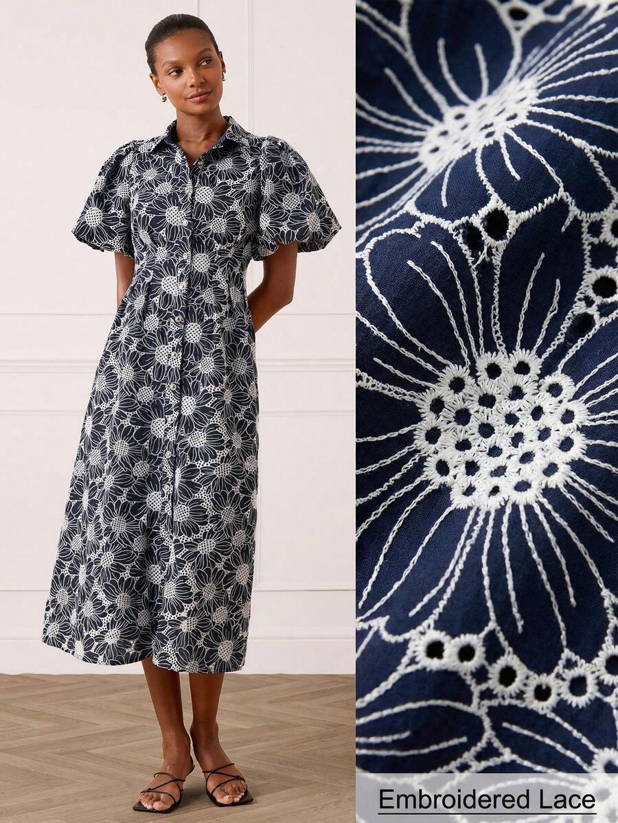 Lilora 这款优雅百搭的刺绣花卉连衣裙，采用花瓣袖设计，开襟中长款，非常适合通勤、日常穿着、休闲外出、派对、约会、聚会、休闲活动、郊游、假日、假期和暑假等场合。其他款式包括：女士花卉连衣裙、度假装、纽扣前襟连衣裙、短袖连衣裙、刺绣连衣裙、夏季连衣裙、中长连衣裙、纽扣连衣裙、泡泡袖连衣裙、泡泡袖连衣裙、中长衬衫裙、雏菊连衣裙。