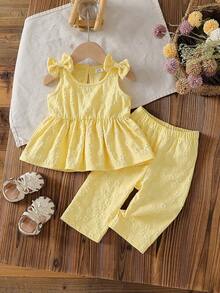 SHEIN 女婴黄色碎花无袖上衣搭配黄色裤子，饰有蝴蝶结，适合日常外出、运动、户外玩耍和度假。 - 黃色 - 查看 3