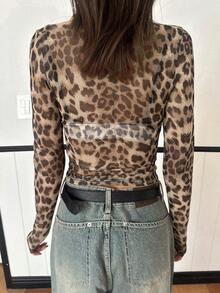 DAZY Áo thun dài tay lưới in họa tiết da báo dành cho nữ - màu nâu - Xem 5