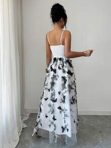 Elenzga Elegant Sleeveless Dress With Butterfly Embroidered Mesh Bodice, Waist Cinching, And Layered Flared Skirt, Sophisticated And Sexy Design, Suitable For Spring/Summer - White - View 2