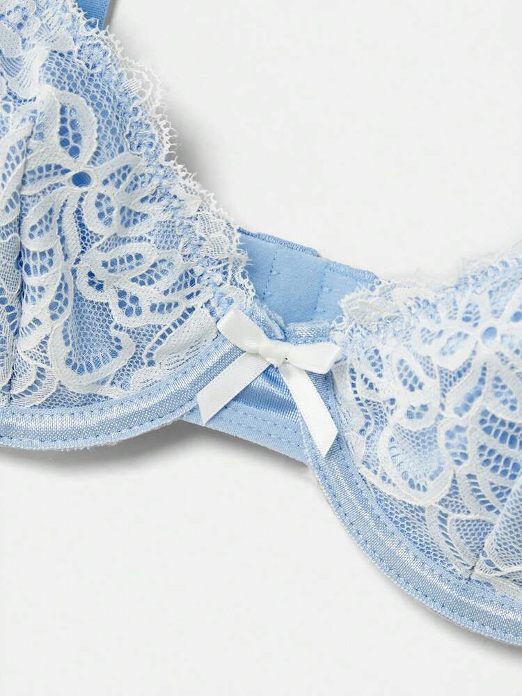 Soft Blue Satin Underwired Bra With White Lace Trim And Ruffled Straps And Matching Tanga Thong Romantic Lingerie Set French Style Parisian Style Valentines Intimates Lingerie Lingerie For Women Set