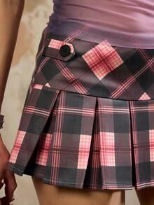 Rina Fox 2026 Pink Plaid Sexy Slim Pleated Mini Skirt - Pink - View 4