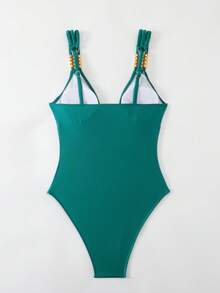 Swim Chiccia Women's Autumn New Solid Color Spaghetti Strap Pearl One-Piece Swimsuit, Sexy Elegant Resort Avant-Garde Minimalist Party Christmas One-Piece Swimsuit - Teal Blue - View 2