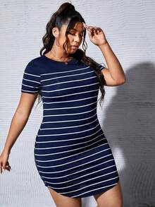 SHEIN EZwear Navy Blue Plus Size Women's Striped Round Neck Short Sleeve Casual Dress, Summer Dresses - Navy Blue - View 3