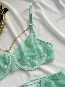 2pcs French Romantic Sheer Lace Underwire Bra And Metal Chain Lingerie Set For Women - Green - View 10
