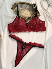 2pcs Lace Patchwork Lingerie Set - Red - View 6