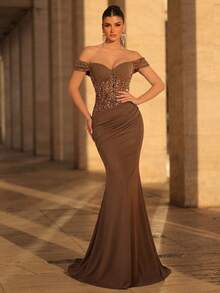 Glamrae Vestido elegante y lujoso con mangas bordadas con cuentas y lentejuelas, hombros descubiertos, empalme, elástico fruncido y bajo de sirena, adecuado para bodas, fiestas, vacaciones, galas y ocasiones formales (resistente) - Óxido marrón - Ver 5