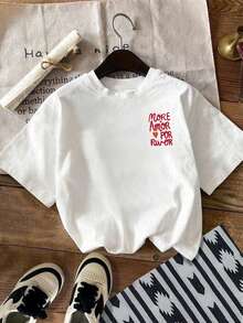 EMERY ROSE Camiseta de mujer de manga corta y cuello redondo con estampado de letras, casual de verano - Blanco - Ver 2