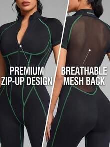 Innovista 女士休闲运动撞色缝线拉链短袖连体衣，黑色短袖连体衣/紧身衣，前拉链+拉链护片，可拆卸胸垫，透气网眼后背，绿色撞色线条，塑形压缩 | 健身房 HIIT | Gymtok 运动休闲 Clean Girl - 黑色 - 查看 10
