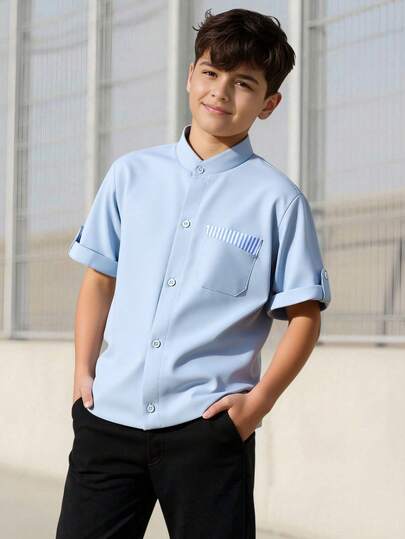 Vacaura 1pc Boys' Summer New Casual Business Shirt, Gray Blue Mandarin Collar Single-Breasted Pocket Striped Slim Fit Lightweight Versatile Top For Daily Wear & Work