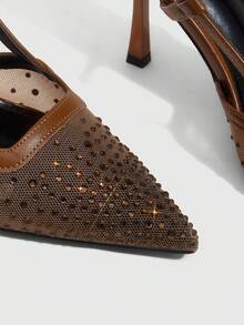 CUCCOO SZL Women's Pointed Toe High Heel Black Mesh Rhinestone Embellished Fashionable Sexy Glamorous Party Occasion Stilettos With Ankle Strap - deep camel - View 5