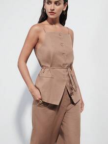 Aveloria Modichic Women's Suit Set,Khaki Summer Elegant Office Vintage Coin Beaded Belt Waist Cinching Linen-Like Fabric Vest Top & Straight Leg Suit Pants - Khaki - View 5