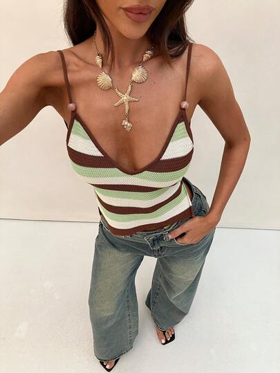 Aloruh Women's Elegant V-Neck Backless Striped Knit Camisole For Beach Vacation