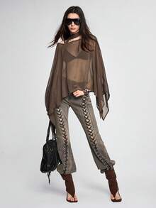 ROMWE Grunge Punk Bohemian Style Scarf Decor Off-Shoulder Asymmetrical Hem Cover-Up - Brown - View 6