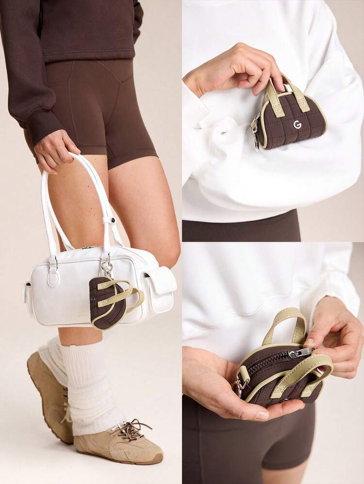 0.2L Mini Carry Water-Resistant Trim Metallic Logo Quilted Coin Purse Key Chain Studio Travel Daily Casual