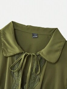 lacRébo Đầm midi ôm dáng màu kaki bằng vải satin, cổ Peter Pan và điểm nhấn ren dễ thương. - xanh quân đội - Xem 9
