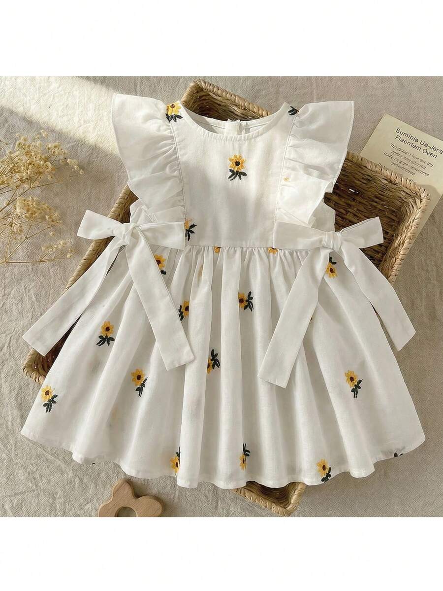 Loomiva Baby Girl Woven Floral Pattern Round Neck Ruffle Hem Casual Dress - Multicolor - View 1