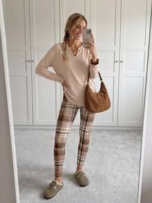 Easowa 女士长袖T恤和打底裤两件套，秋冬居家办公舒适套装，两件套休闲家居服，女士早餐服，休闲百搭。 - 彩色 - 查看 3