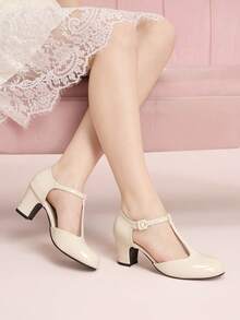 CUCCOO DOLLMOD Women's Shoes Round Toe Apricot Patent Leather T-Word With College Style Mary Jane Afternoon Tea Wear Thick Heel High Heel Shoes - Apricot - View 4