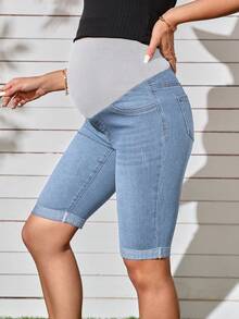 SHEIN Maternity Solid Color Casual Denim Shorts - Light Wash - View 5
