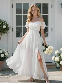 SHEIN 夏季波西米亚风欧美褶皱露肩优雅演出主持人礼服长裙派对优雅盛装长裙单肩新款简约时尚宴会晚礼服青少年波西米亚风舞会礼服优雅派对礼服白色长款连衣裙白色长裙白色夏季连衣裙沙滩婚礼礼服宾客优雅沙滩裙 - 白色 - 查看 1