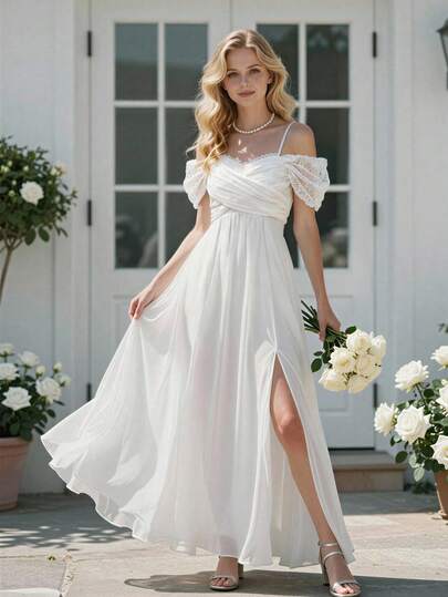 SHEIN Europeisk och amerikansk veckad off-shoulder elegant prestationsklänning lång klänning fest graciös och storslagen lång klänning enaxlad ny enkel och snygg bankettaftonklänning för tonåringar