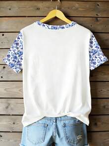 EMERY ROSE Áo thun nữ cổ tròn họa tiết hoa và thỏ Phục Sinh dễ thương, thoải mái, phù hợp cho mặc hàng ngày. - trắng - Xem 2