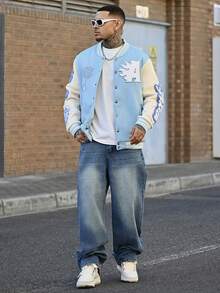 Devon Thys Manfinity Streetrush Men's Patchwork Thermal Lined Baseball Jacket, Long Sleeve Sky Blue Varsity Jacket, Men's Letterman Jacket, Fall Winter - Baby Blue - View 1