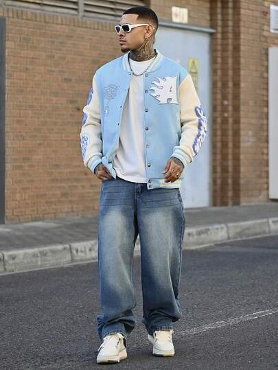 Devon Thys Manfinity Streetrush 男士拼接保暖棒球夹克，长袖天蓝色棒球夹克，男士棒球外套，秋冬款