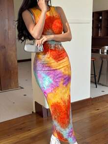 SHEIN EZwear 女士修身夏季印花吊带紧身长裙 彩虹连衣裙 扎染连衣裙 长款紧身连衣裙 多色连衣裙 日落色连衣裙 无袖连衣裙 长款连衣裙 扎染连衣裙 女士连衣裙 彩色连衣裙 - 彩色 - 查看 4