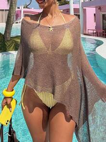 Livesso Áo khoác ngoài đi biển dáng rộng, hở vai, hơi xuyên thấu dành cho nữ. - Cà phê nâu - Xem 4