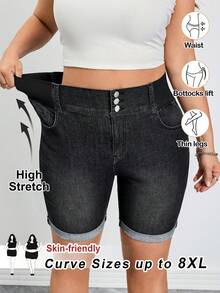SHEIN CURVE+ 大码水洗高腰修身牛仔短裤，春夏狂欢节服装通勤度假毕业时尚Y2K可爱街头风派对婚礼优雅商务休闲女装高腰黑色牛仔百慕大短裤，带松紧腰带和纽扣细节黑色休闲牛仔短裤，百搭通勤短裤，弹力舒适女式短裤，运动休闲牛仔裤经典卷边牛仔短裤 - 藍色 - 查看 1