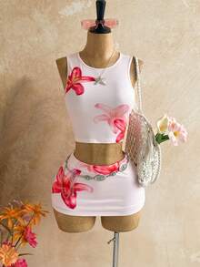 Soleia 2 piezas Conjunto de mujer con estampado floral sin mangas, casual y cómodo para el verano, versátil - Multicolor - Ver 3