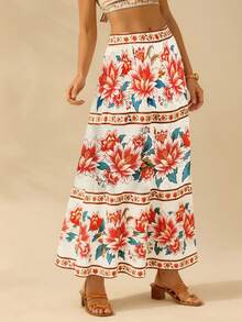 CAJUNI Jupe bohème d'été ample à taille haute avec imprimé floral pour femmes, idéale pour les vacances à la plage. Jupe longue fleurie pour le Nouvel An, la Saint-Valentin, les vacances d'été, le printemps, le carnaval, les fêtes, la plage, les occasions décontractées. - Beige - Voir 3