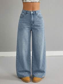 SHEIN Girls' Retro Blue Loose Low-Waist Jeans - Light Wash - View 6