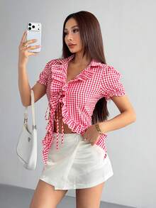 valorelle valorelle 女士休闲运动双色格子性感系带短袖开衫衬衫 - 紅色 - 查看 1